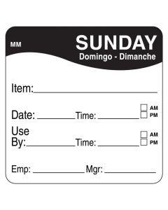 DAY OF WEEK PREP LABELS 51MM SUNDAY/BLACK 500 PER ROLL