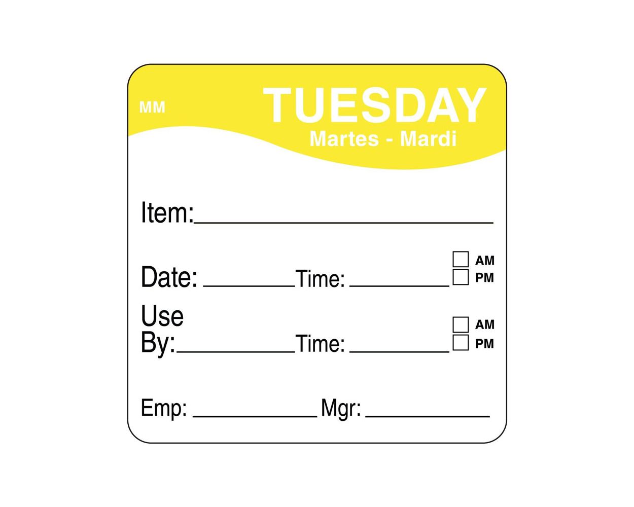 DAY OF WEEK PREP LABELS 51MM TUESDAY/YELLOW - 500 PER ROLL